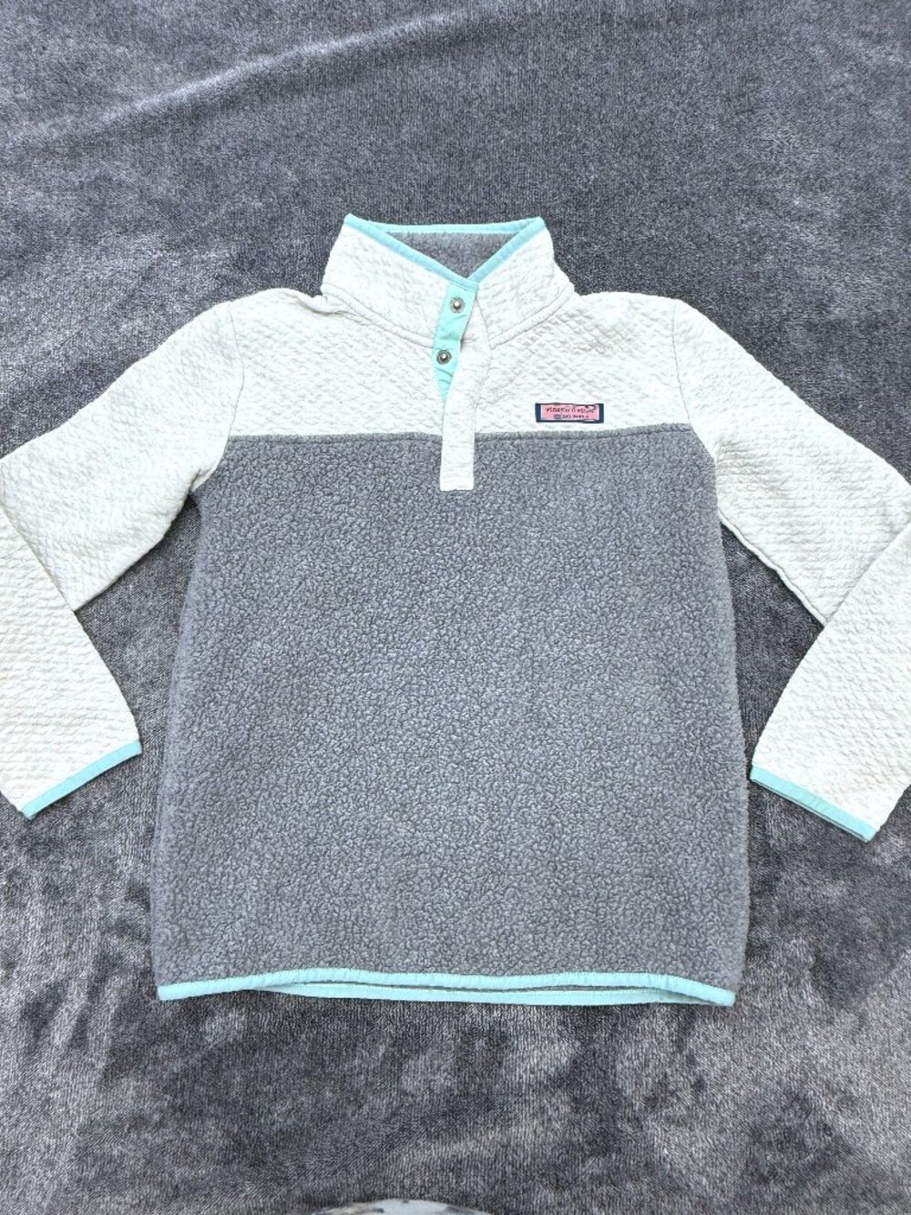 Vineyard Vines Boys Harbor Fleece Pullover Grey Mint Snap Preppy Youth M 3635